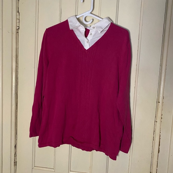 Alia Sweaters - Fuchsia sweater with a faux white shirt detail